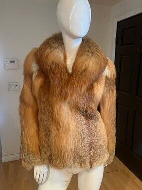 VINTAGE RED FOX FUR NOTCH COLLAR SUEDE TRIM COAT SIZE M MEDIUM